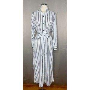 Women White Striped Slit Sides Maxi Dress Small to Large Collared Long Sleeves